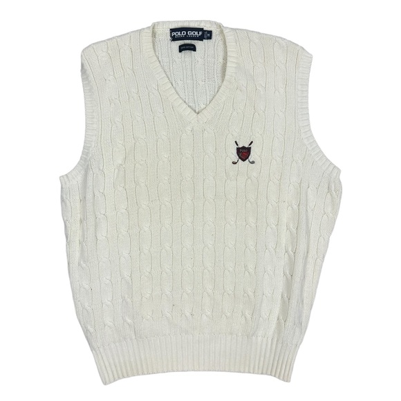 Vtg Polo Ralph Lauren Golf Club Crest Shield V-Neck Cable Knit Sweater Vest Sz M - Picture 1 of 5